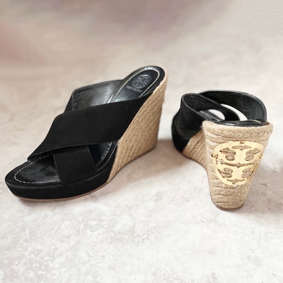 Tory Burch Shoes - Tory Burch Bailey Black Espadrille Kid Suede Sandals Wedges 9M Mules Logo Beach
